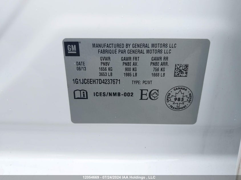 2013 Chevrolet Sonic VIN: 1G1JC6EH7D4237671 Lot: 12054669
