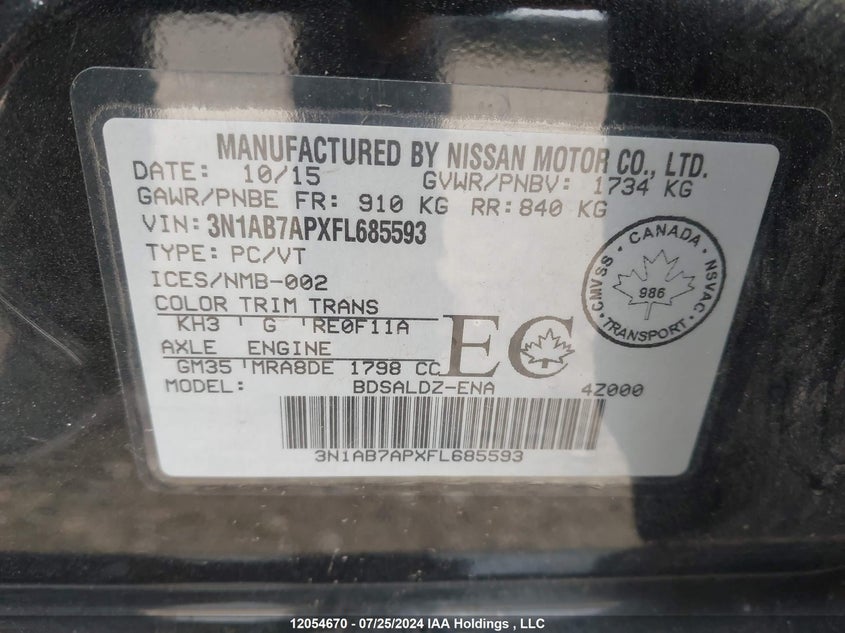 2015 Nissan Sentra VIN: 3N1AB7APXFL685593 Lot: 12054670