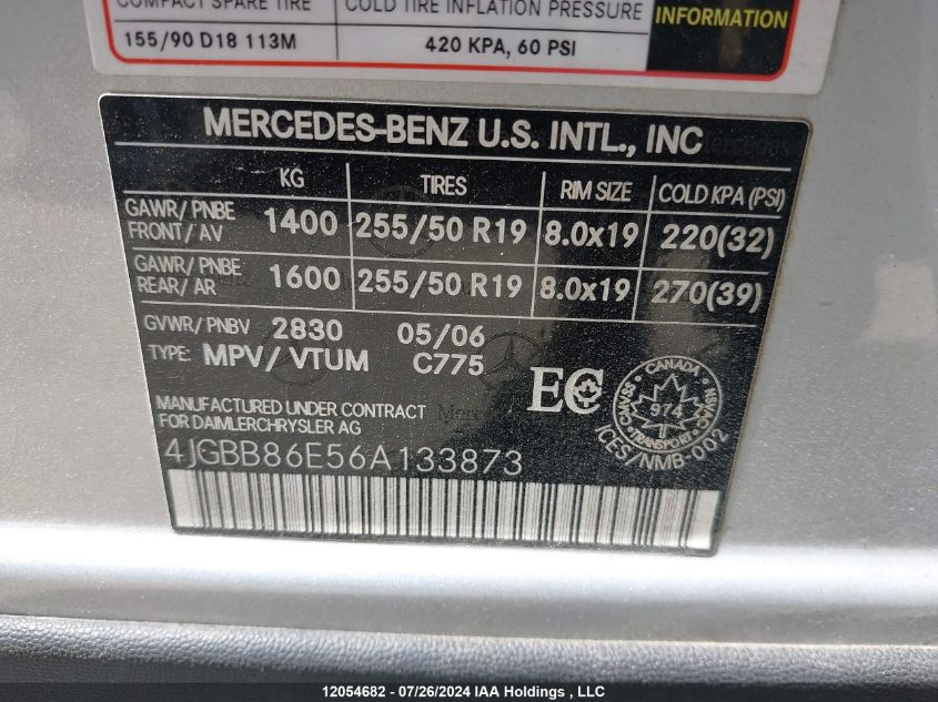 2006 Mercedes-Benz Ml-Class VIN: 4JGBB86E56A133873 Lot: 12054682