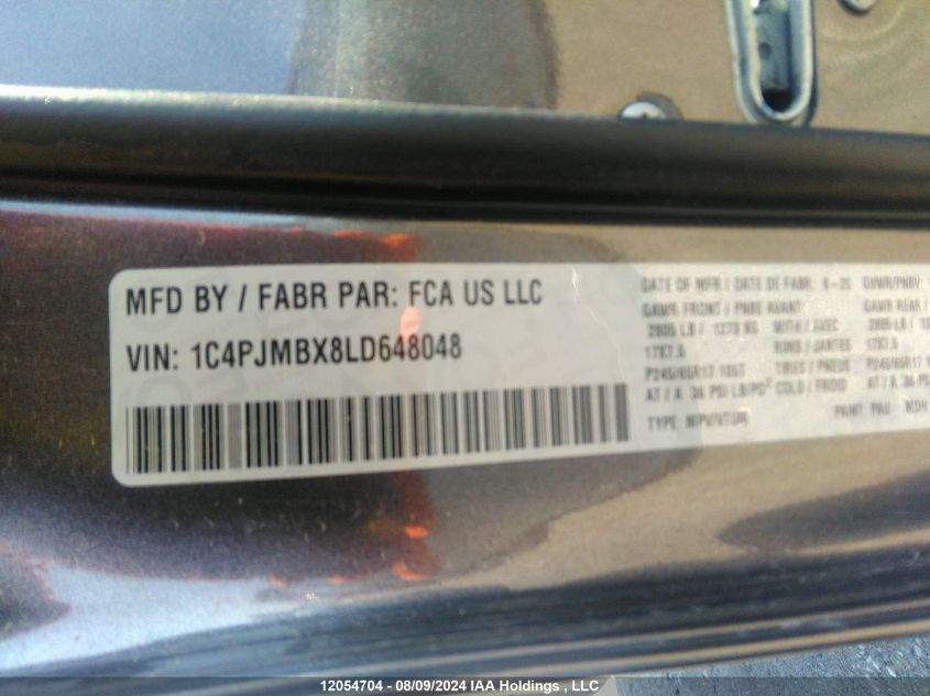 2020 Jeep Cherokee Trailhawk VIN: 1C4PJMBX8LD648048 Lot: 12054704