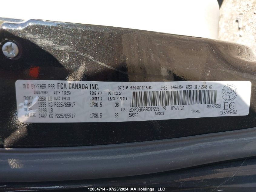 2016 Dodge Grand Caravan Se/Sxt VIN: 2C4RDGBG6GR317229 Lot: 12054714