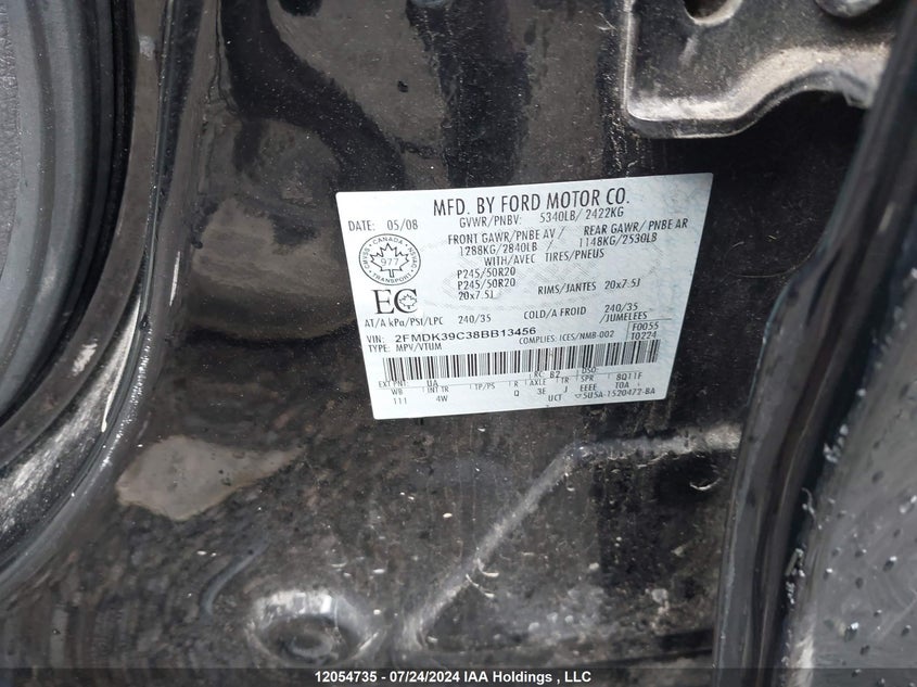 2008 Ford Edge VIN: 2FMDK39C38BB13456 Lot: 12054735