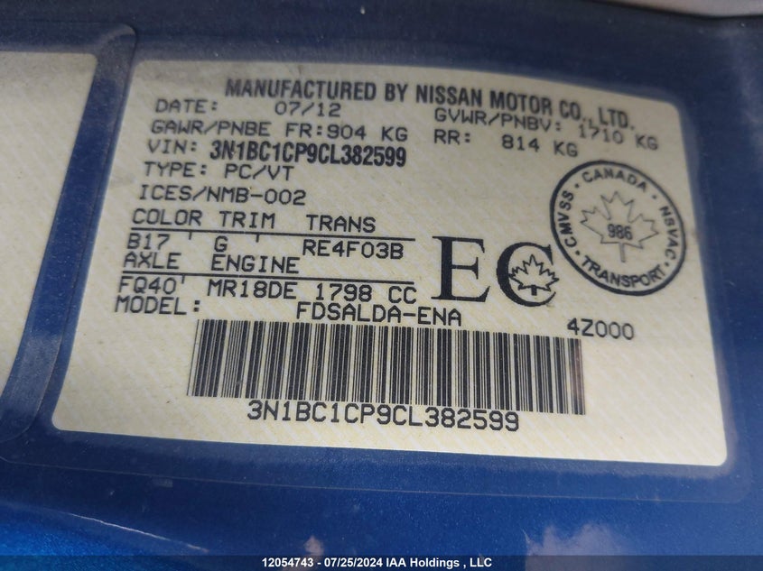 2012 Nissan Versa S/Sl VIN: 3N1BC1CP9CL382599 Lot: 12054743