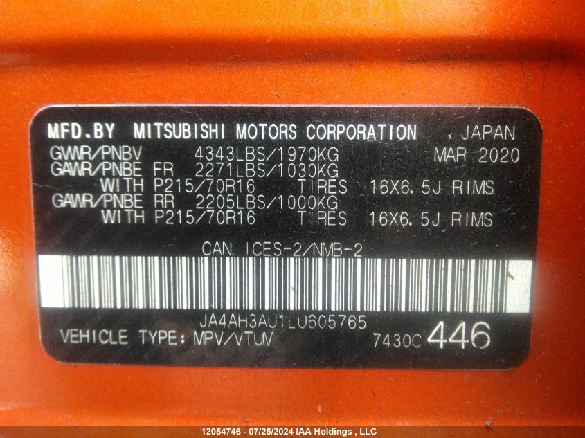 2020 Mitsubishi Rvr VIN: JA4AH3AU1LU605765 Lot: 12054746