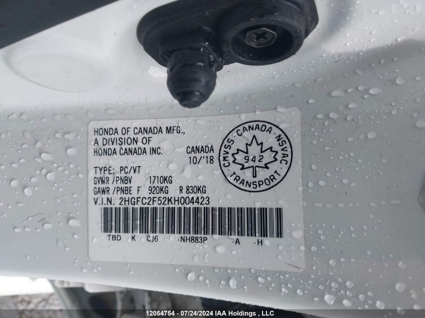 2019 Honda Civic Lx VIN: 2HGFC2F52KH004423 Lot: 12054754