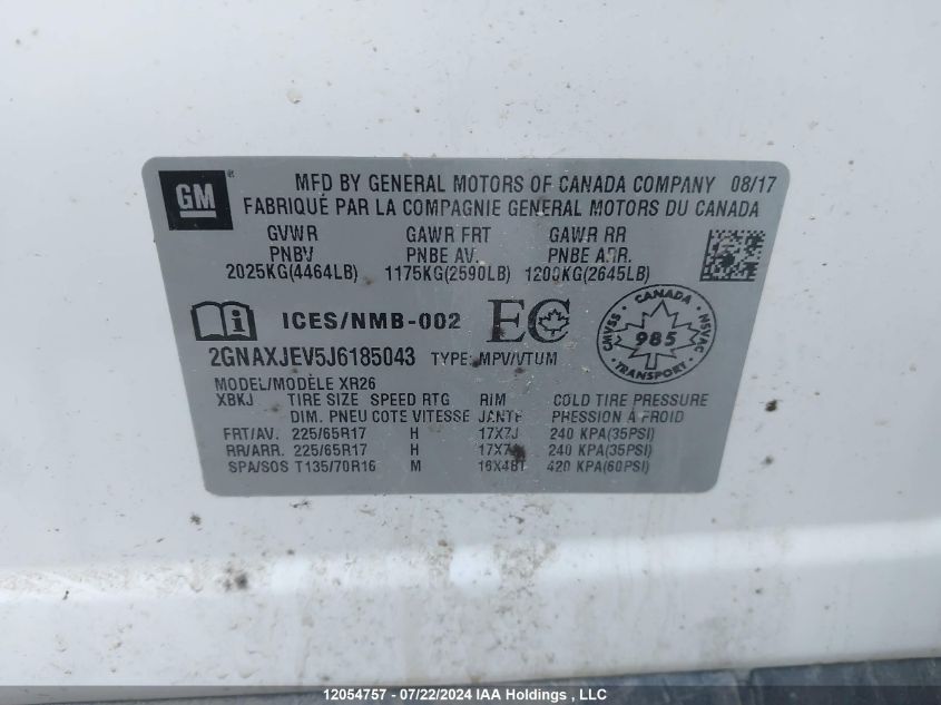 2018 Chevrolet Equinox Lt VIN: 2GNAXJEV5J6185043 Lot: 12054757