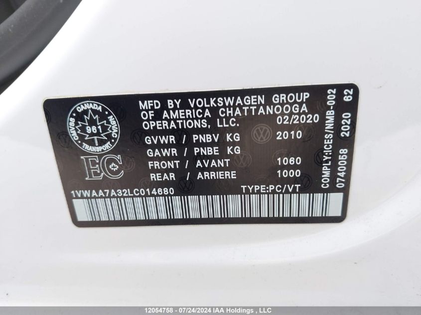 2020 Volkswagen Passat VIN: 1VWAA7A32LC014680 Lot: 12054758