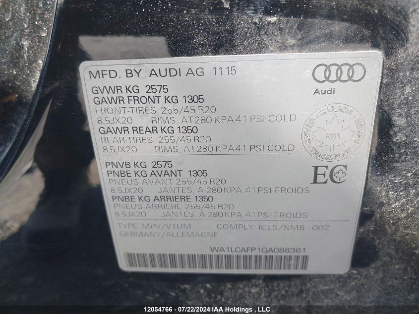 2016 Audi Sq5 Technik VIN: WA1LCAFP1GA088361 Lot: 12054766