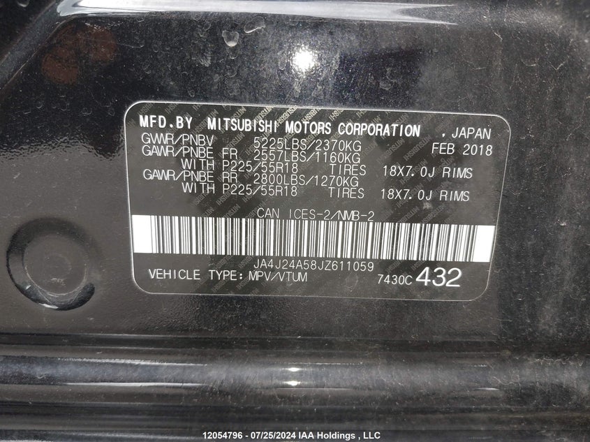 2018 Mitsubishi Outlander Phev VIN: JA4J24A58JZ611059 Lot: 12054796