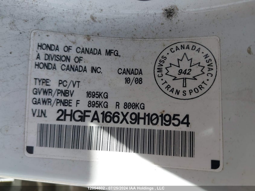2009 Honda Civic Lx-S VIN: 2HGFA166X9H101954 Lot: 12054802