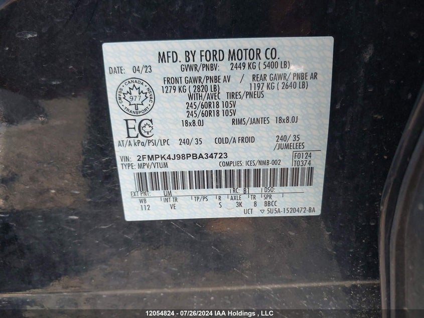 2023 Ford Edge Sel VIN: 2FMPK4J98PBA34723 Lot: 12054824