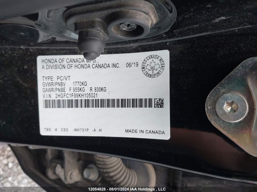2019 Honda Civic VIN: 2HGFC1F99KH105021 Lot: 12054828