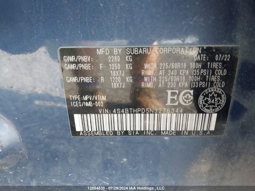 2022 Subaru Outback VIN: 4S4BTHPD5N3276344 Lot: 12054830