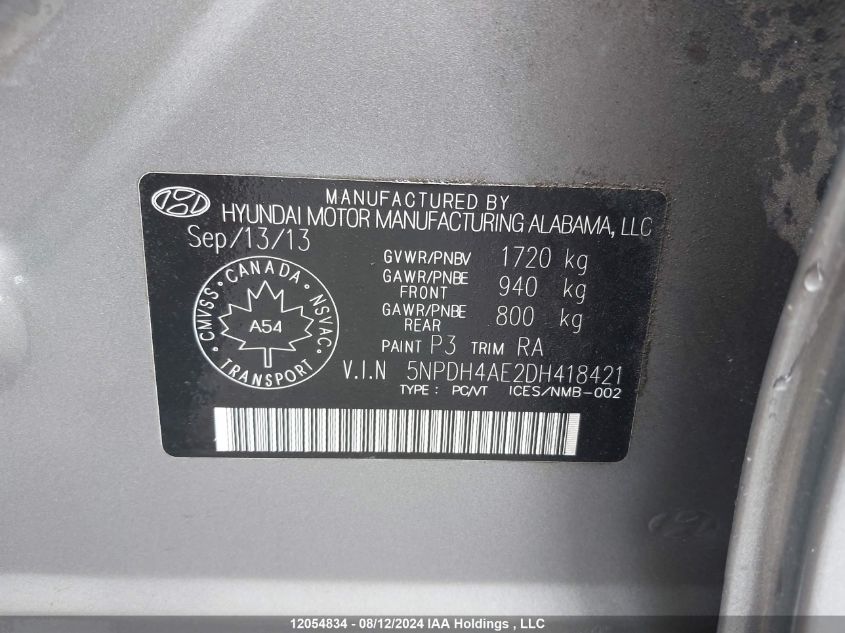 2013 Hyundai Elantra Gl VIN: 5NPDH4AE2DH418421 Lot: 12054834