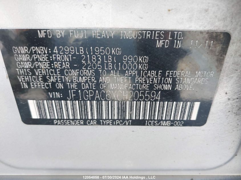 2012 Subaru Impreza VIN: JF1GPAC6XCH205594 Lot: 12054858