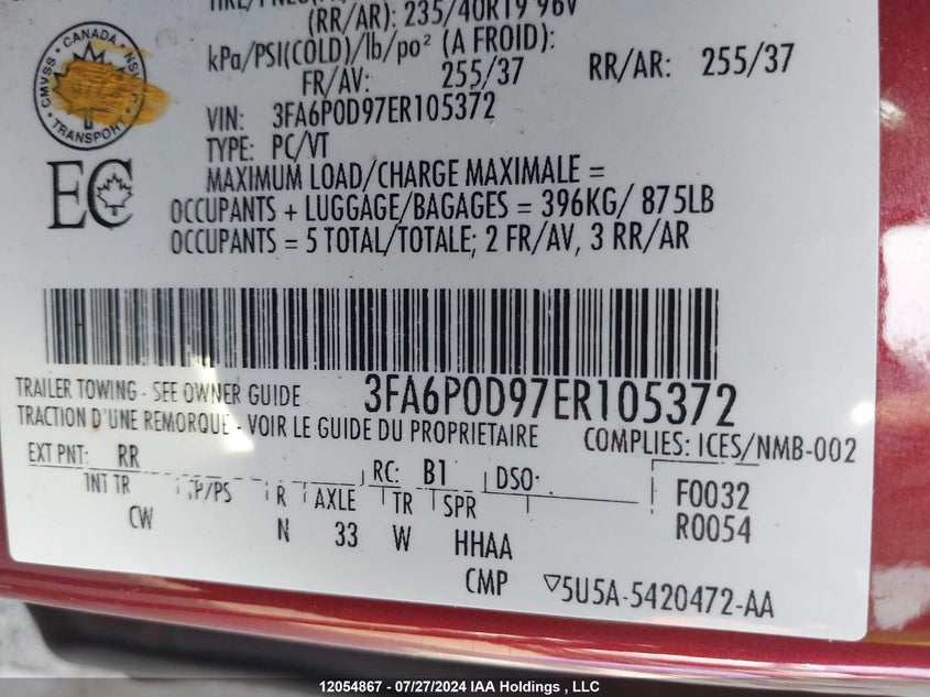 2014 Ford Fusion Titanium VIN: 3FA6P0D97ER105372 Lot: 12054867