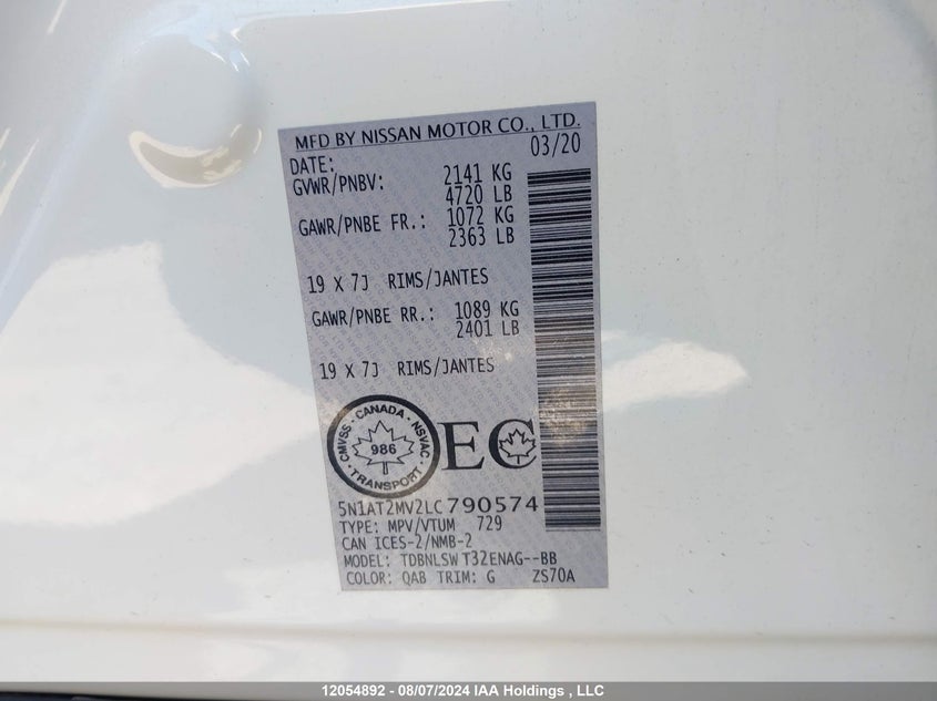 2020 Nissan Rogue S/Sl/Sv VIN: 5N1AT2MV2LC790574 Lot: 12054892