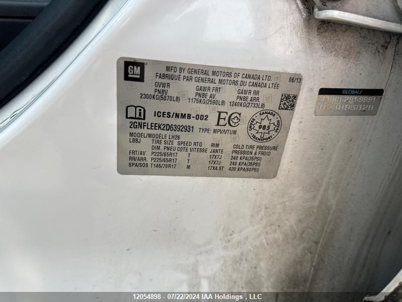 2013 Chevrolet Equinox Lt VIN: 2GNFLEEK2D6392931 Lot: 12054898