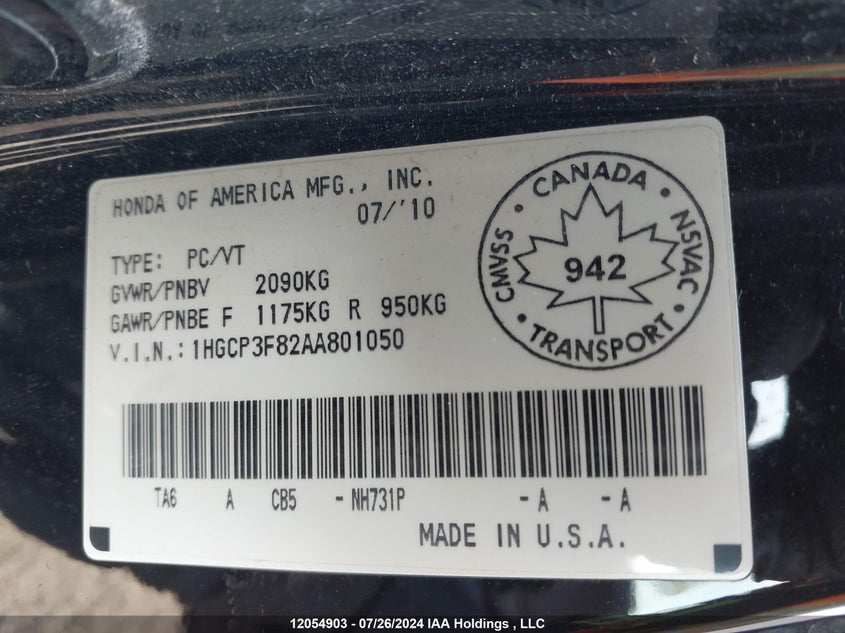 2010 Honda Accord Sedan VIN: 1HGCP3F82AA801050 Lot: 12054903