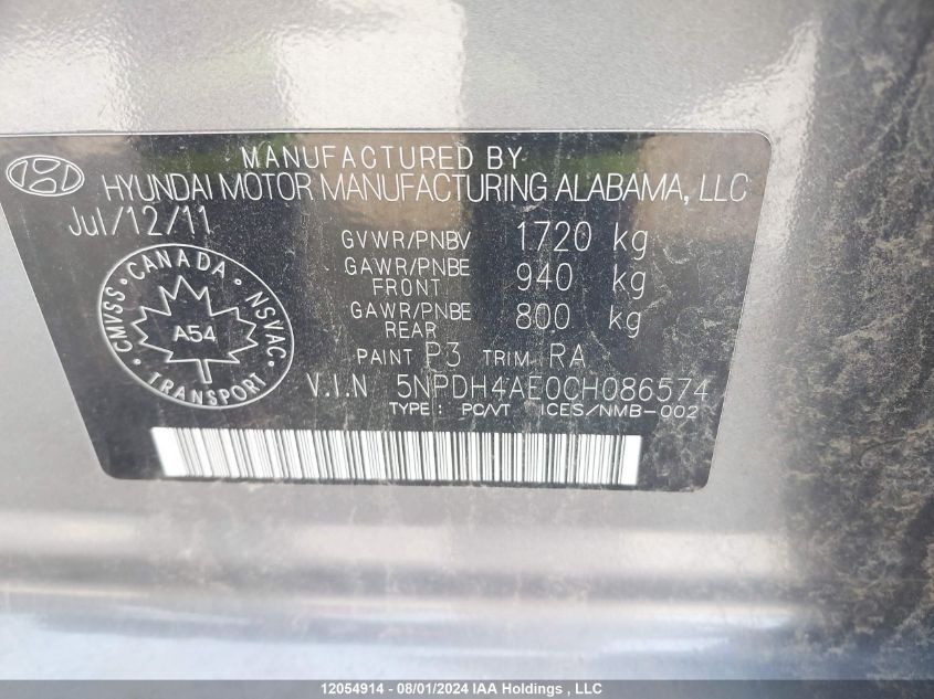 2012 Hyundai Elantra Gls/Limited VIN: 5NPDH4AE0CH086574 Lot: 12054914