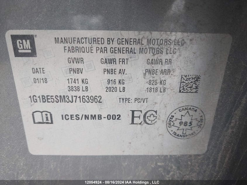 2018 Chevrolet Cruze VIN: 1G1BE5SM3J7163962 Lot: 12054924