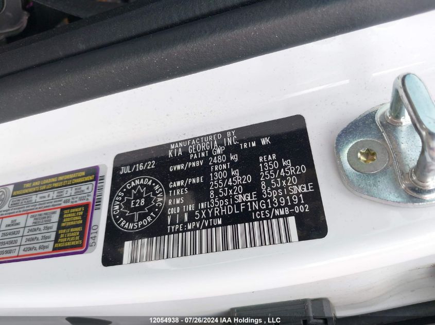 2022 Kia Sorento VIN: 5XYRHDLF1NG139191 Lot: 12054938