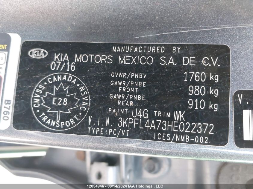2017 Kia Forte VIN: 3KPFL4A73HE022372 Lot: 12054946