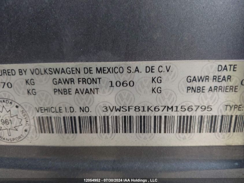 2007 Volkswagen Jetta Sedan VIN: 3VWSF81K67M156795 Lot: 12054952