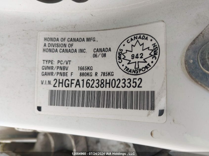 2008 Honda Civic Sdn VIN: 2HGFA16238H023352 Lot: 12054960