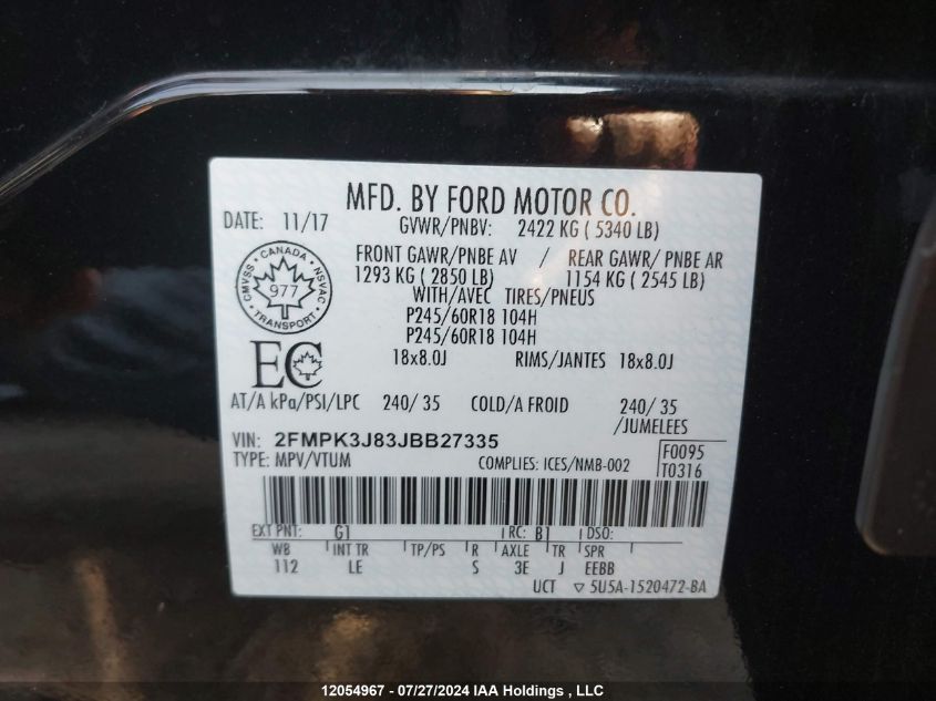 2018 Ford Edge Sel VIN: 2FMPK3J83JBB27335 Lot: 12054967