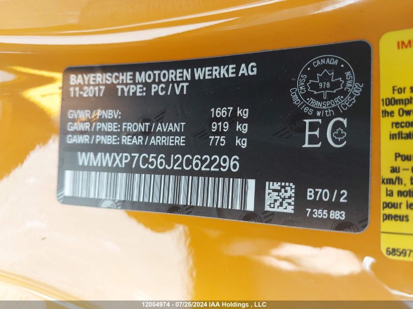 2018 Mini Cooper S VIN: WMWXP7C56J2C62296 Lot: 12054974