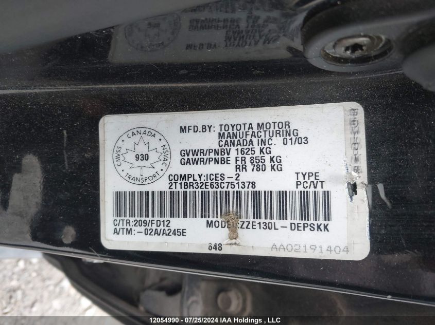 2003 Toyota Corolla VIN: 2T1BR32E63C751378 Lot: 12054990