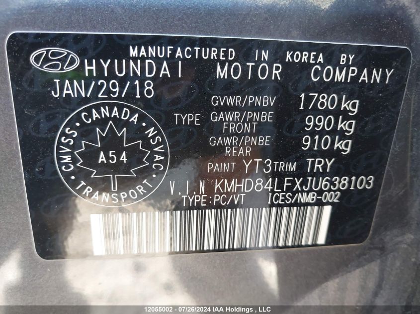 2018 Hyundai Elantra Gl VIN: KMHD84LFXJU638103 Lot: 12055002