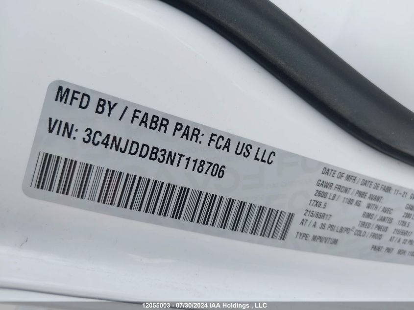 2022 Jeep Compass VIN: 3C4NJDDB3NT118706 Lot: 12055003