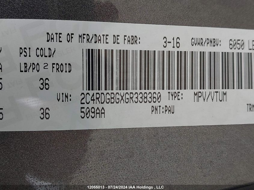 2016 Dodge Grand Caravan Se VIN: 2C4RDGBGXGR338360 Lot: 12055013