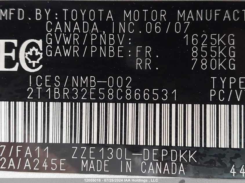 2008 Toyota Corolla Ce VIN: 2T1BR32E58C866531 Lot: 12055018