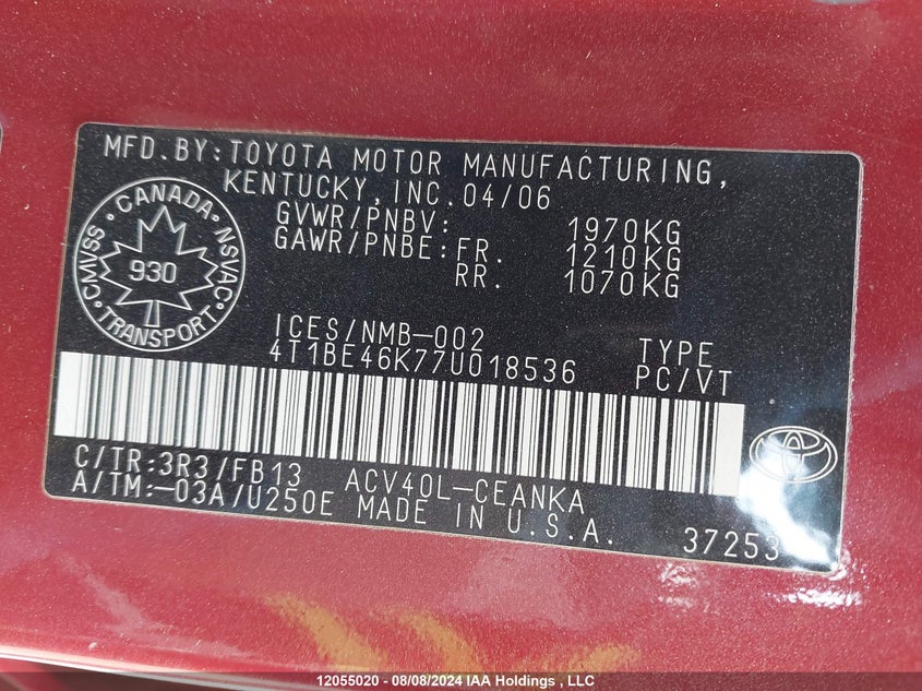 2007 Toyota Camry Ce/Le/Xle/Se VIN: 4T1BE46K77U018536 Lot: 12055020