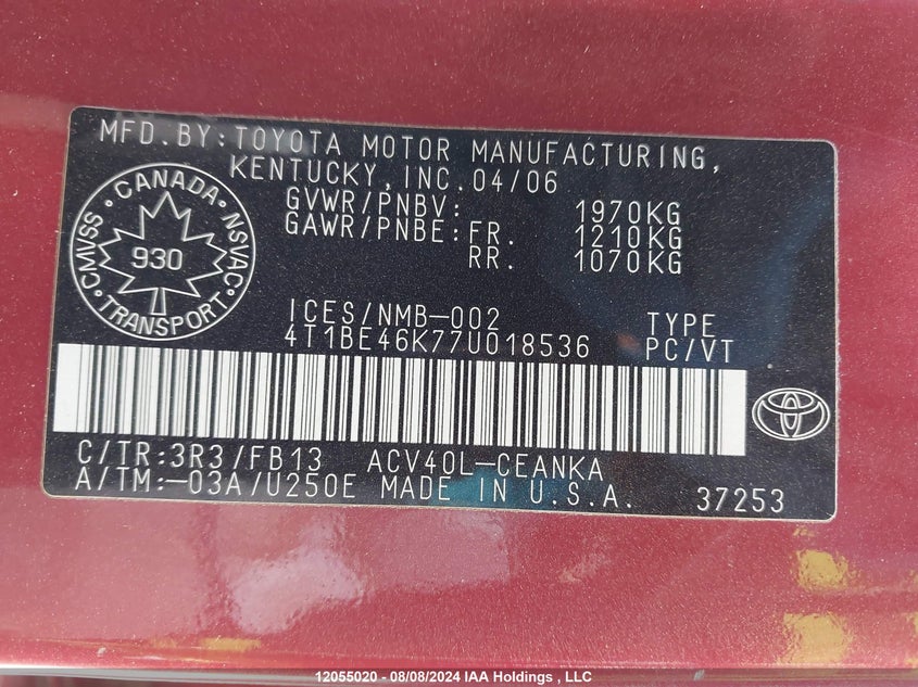 2007 Toyota Camry Ce/Le/Xle/Se VIN: 4T1BE46K77U018536 Lot: 12055020