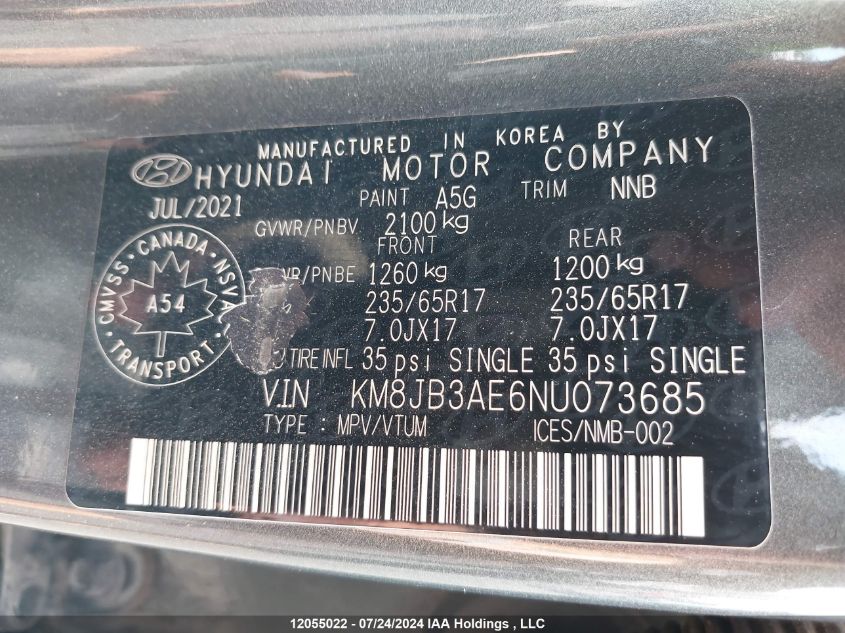 2022 Hyundai Tucson Preferred Fwd VIN: KM8JB3AE6NU073685 Lot: 12055022