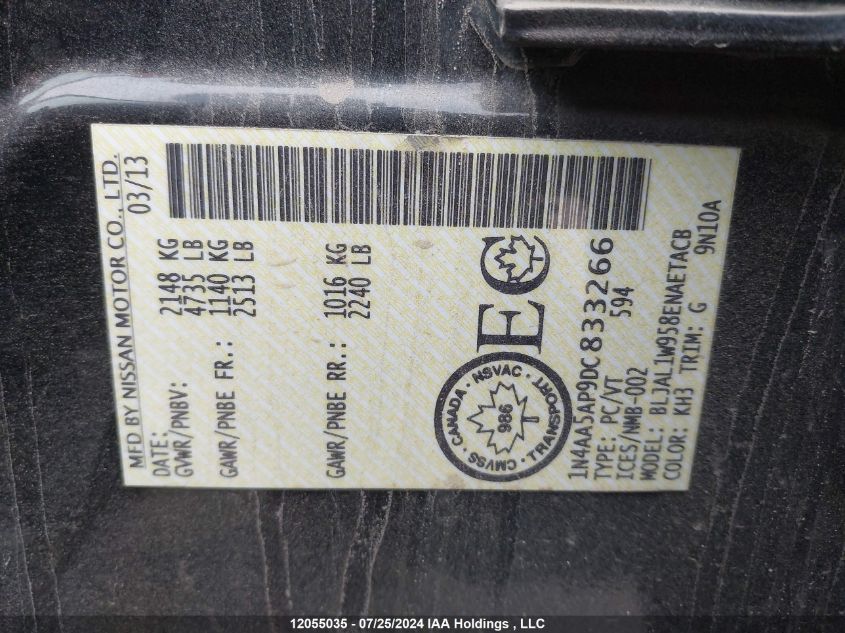 2013 Nissan Maxima S/Sv VIN: 1N4AA5AP9DC833266 Lot: 12055035