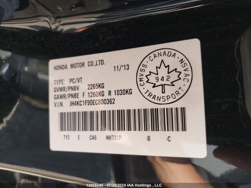 2014 Acura Rlx VIN: JH4KC1F90EC800362 Lot: 12055045