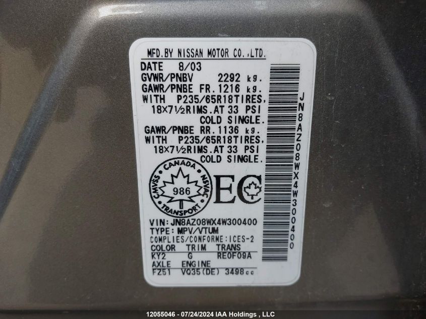 2004 Nissan Murano Sl/Se VIN: JN8AZ08WX4W300400 Lot: 12055046