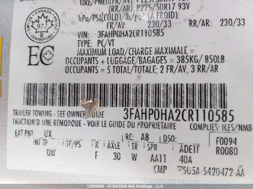 2012 Ford Fusion Se VIN: 3FAHP0HA2CR110585 Lot: 12055065