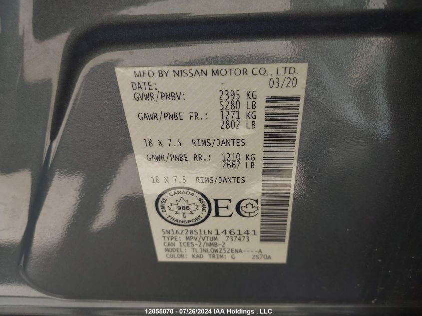 2020 Nissan Murano VIN: 5N1AZ2BS1LN146141 Lot: 12055070