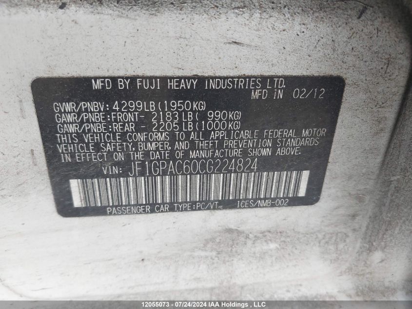 2012 Subaru Impreza Premium VIN: JF1GPAC60CG224824 Lot: 12055073