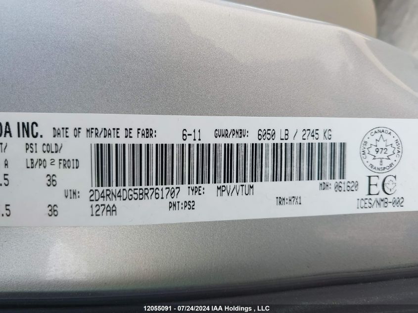 2011 Dodge Grand Caravan Express VIN: 2D4RN4DG5BR761707 Lot: 12055091