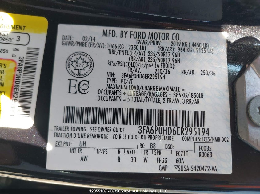 2014 Ford Fusion Se VIN: 3FA6P0HD6ER295194 Lot: 12055107