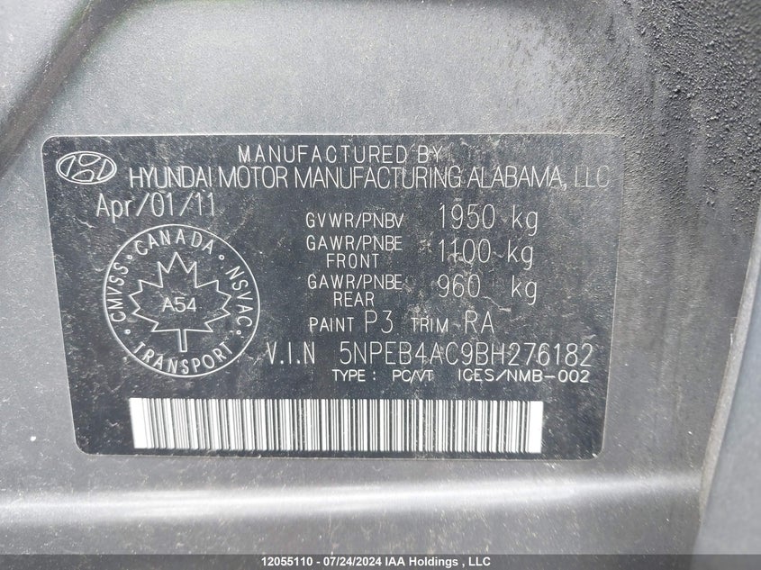 2011 Hyundai Sonata Gls VIN: 5NPEB4AC9BH276182 Lot: 12055110