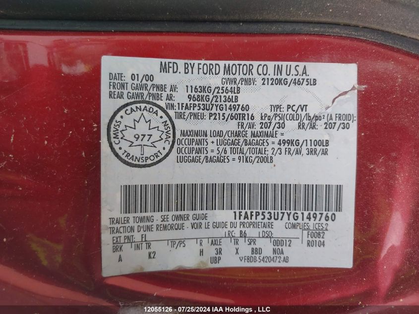 2000 Ford Taurus VIN: 1FAFP53U7YG149760 Lot: 12055126