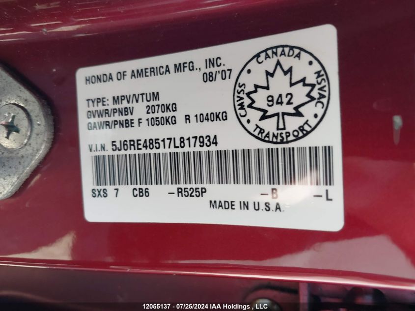 2007 Honda Cr-V VIN: 5J6RE48517L817934 Lot: 12055137